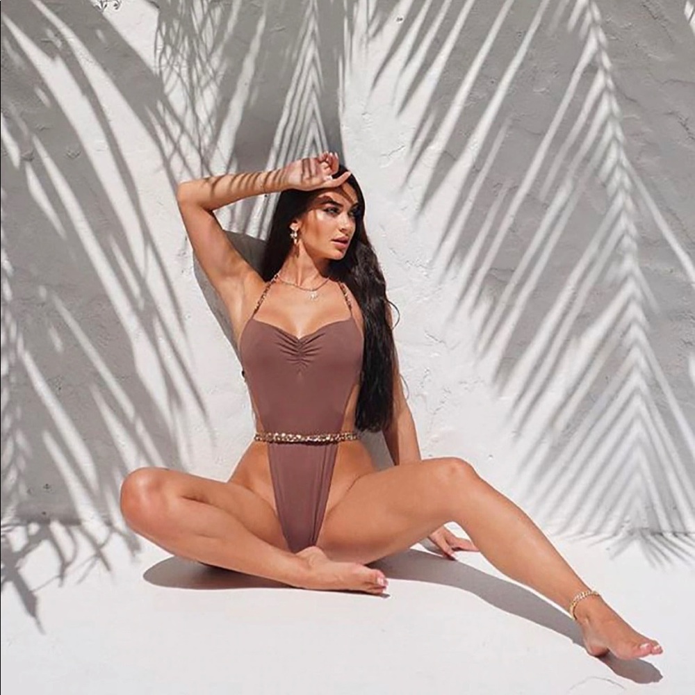 Mocha One Piece Halter Chain Swimsuit - Picture 2 of 2